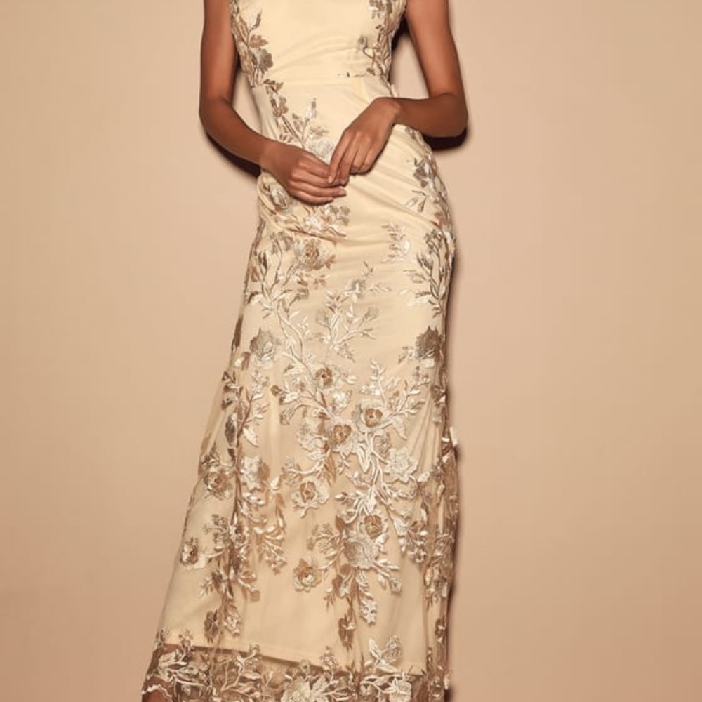 Here To Charm Gold Embroidered Sleeveless Maxi Dress